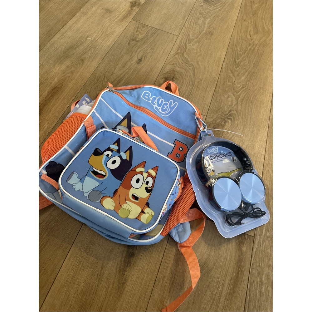 Bluey Unisex 16"‎ 4 Piece Back Pack Set With Headphones Blue School Travel NEW